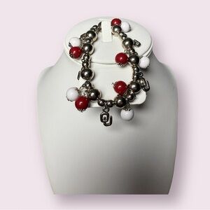 University of Oklahoma OU Red White Silver Charm Bracelet
